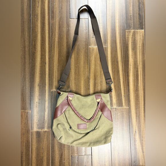 New Large Canvas Brown Tan Green Tote Bag Purse Handbag Crossbody Shoulder bag - Picture 6 of 11